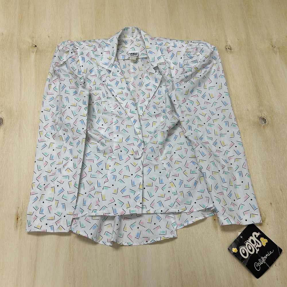 Vintage 80s Oops California Blazer Womens 11/12 White Geometric Single Button